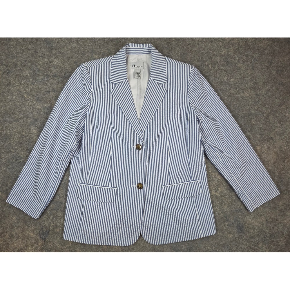 The Tog Shop Petites Blue White Seersucker Stripe Blazer Jacket Womens 14P